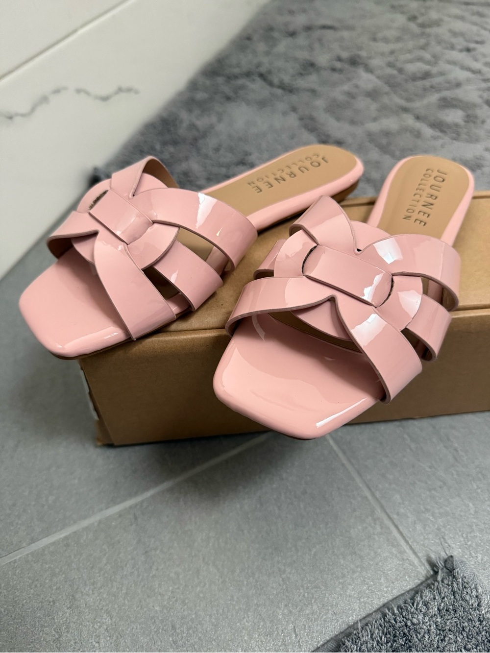 Journee Collection Blush Pink Patent Woven Slide Mules